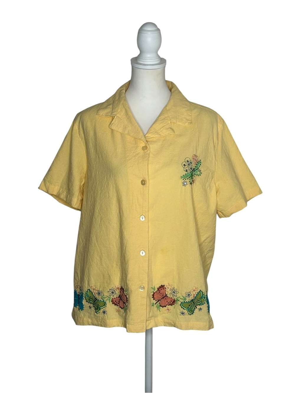 Jane Ashley Vintage Butterfly Butter Yellow Cotton Top EUC Sz XL Grandmacore Y2K
